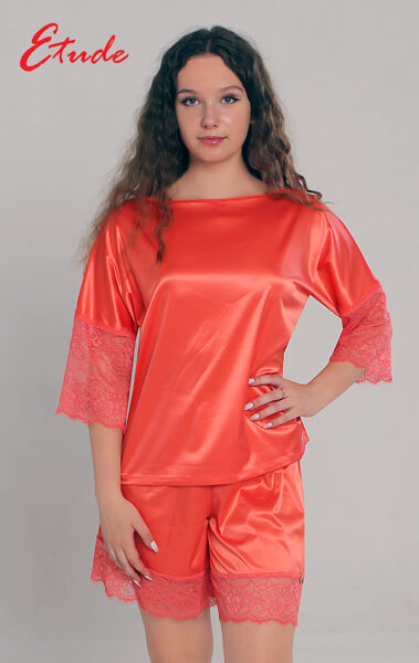 Women's Coral satin pajama set “Eleonora”